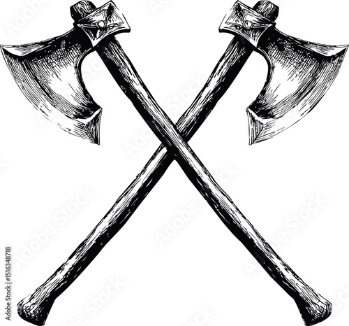 Crossed vintage axes in black and white, detailed woodcut illustration. Vector illustration