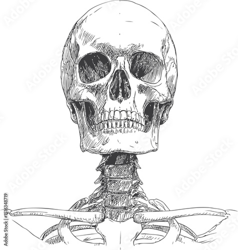 Detailed black and white sketch of a human skull and upper spine anatomy. Vector illustration
