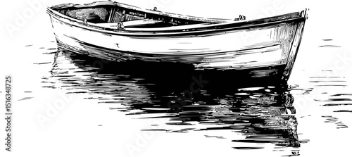 Black and white rowboat illustration with water reflections. Vector illustration