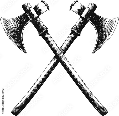Illustration of two crossed medieval battle axes with wooden handles and metal blades. Vector illustration