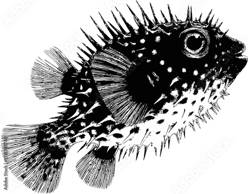 Detailed black and white illustration of a spiky puffer fish, traditional etching style. Vector illustration