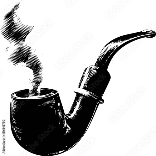 Black and white illustration of a smoking pipe with swirling smoke. Vector illustration