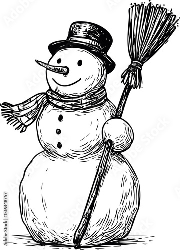Black and white illustration of a snowman with a broom and hat. Vector illustration
