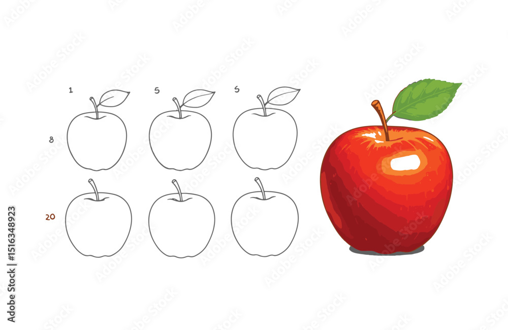 Obraz premium Learn to Draw a Delicious Red Apple Step-by-Step Guide for Kids and Beginners