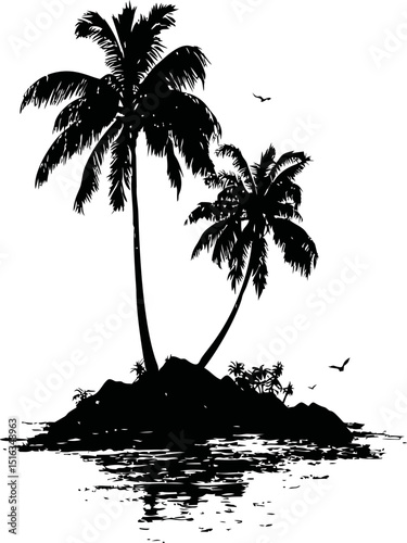 Silhouette of palm trees on small island with birds flying over water. Vector illustration