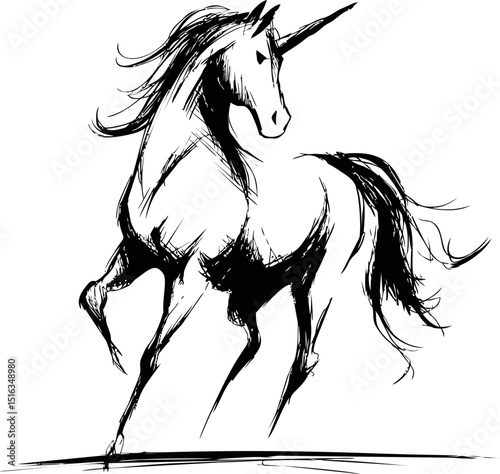 Sketch of a unicorn in black ink with flowing mane and tail, mythical creature concept. Vector illustration