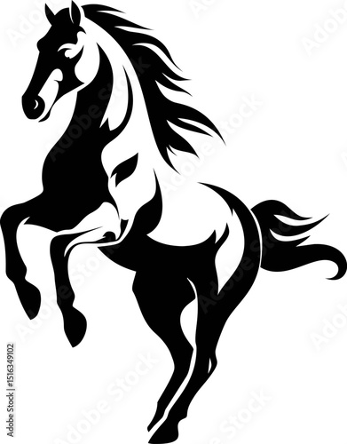 Black and white silhouette of a rearing horse with flowing mane. Vector illustration