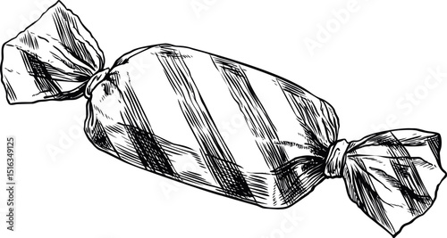 Illustration of a striped wrapped candy in black and white, retro sketch style. Vector illustration