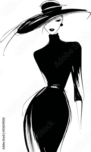 Elegant woman in wide-brimmed hat and black dress, fashion illustration art. Vector illustration