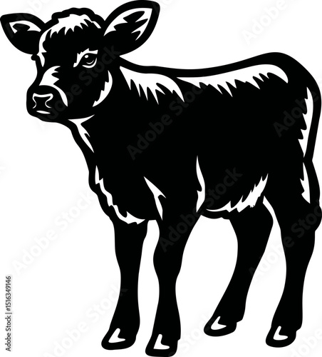 Black and white illustration of a standing calf, vector graphic art. Vector illustration