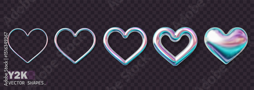 Realistic holographic heart set in y2k style. 3D metallic hearts in different styles and sizes. Shiny love symbols for romantic decorations, greeting cards, or wedding invitations.