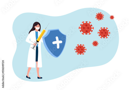 Woman Doctor hero wearing protective mask and fighting virus. Vaccination concept. Female with shield and syringe with vaccine.