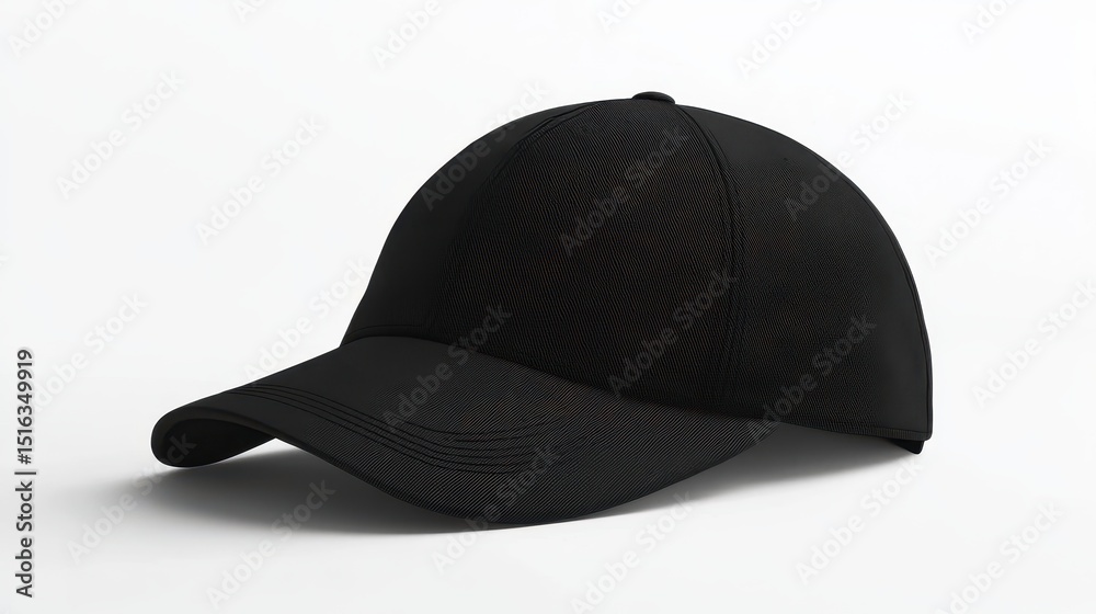 Fototapeta premium Black baseball cap, solid color, blank, cotton fabric, lies on a white background. Perfect for product mockups, logo placement, or design templates.
