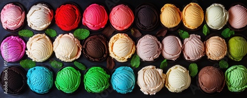 flavors scoops background. Top view. Assorted of ice cream scoops. Colorful set of ice creams. Different flavours with mint. Gelato backdrop. Multicolored scooped sorbets. Various flavours and colors