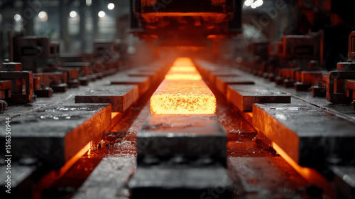 Sheet metal rolling machine pressing glowing hot metal under orange light