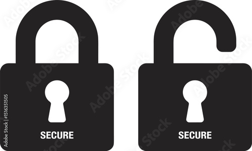 Black and white icon of locked and unlocked padlock, secure and open lock concept, isolated on white background for security