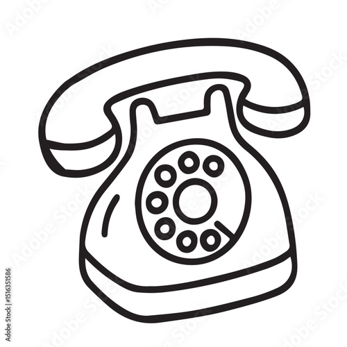 This black and white vector illustration features a classic telephone design with bold black outlines, creating a clean and minimalist retro style graphic.