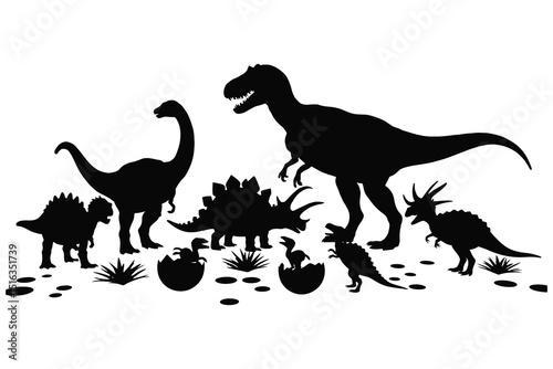Silhouette of dinosaurs with hatchlings and eggs