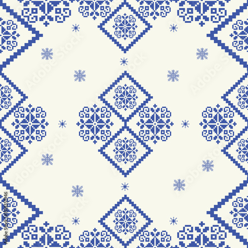 Pixel seamless knitted pattern with snowflakes.They are often used in wallpapers, textiles, rugs, and wall art to add a touch of digital flair and futuristic energy to a space.