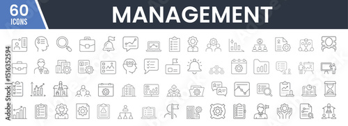 Management Icon Set Minimalist Black Line Art Including Briefcases, Graphs, Gears, Documents, Communication Tools, and People for Business, Leadership, and Organization