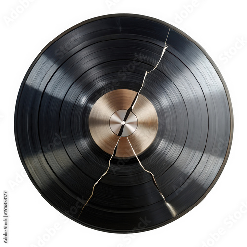 A cracked vinyl record displaying a striking contrast between glossy black and shiny gold, symbolizing nostalgia and the impermanence of music.