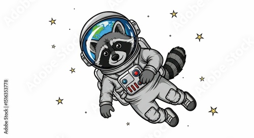 Cartoon raccoon in space suit floating in stars on white backdrop