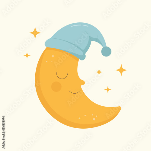 Cute yellow moon in sleeping hat with closed eyes and stars. Cartoon bedtime illustration for kids, nursery, or baby products.