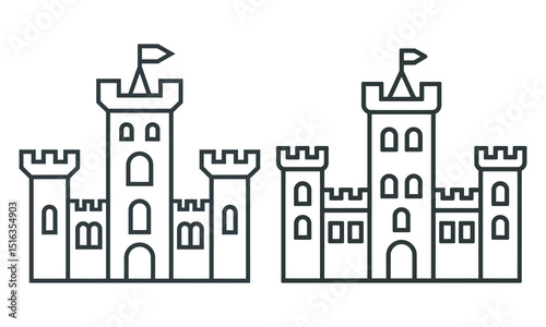 Medieval Castle Outline Icons - Set of 2 Simple Designs, Simple castle icon in two variants, line art and solid black color. Isolated vector illustration.


