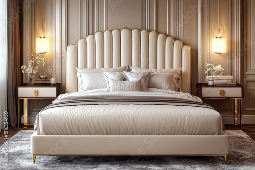 Wallpaper Mural Modern light-luxury single bed with white leather headboard, cream furniture, gold legs, bedside tables, and warm lighting in 3D rendering Torontodigital.ca