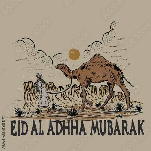 hand drawn graphic design illustration vintage of a camel and a shepherd in the desert