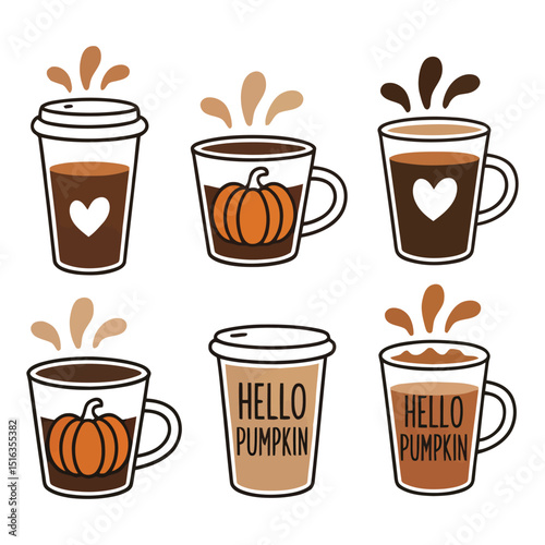Six autumnal coffee cup designs with pumpkins and hearts
