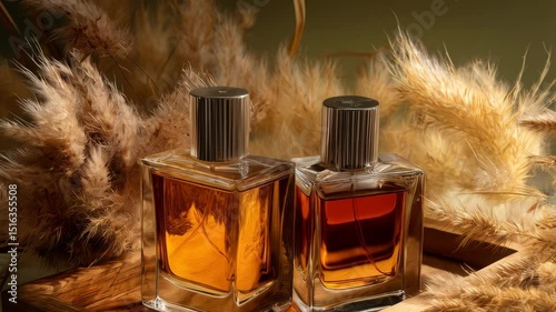 Two glass perfume bottles filled with amber liquid, staged on wooden tray with dried grasses, beauty product, luxury scent, and elegant style