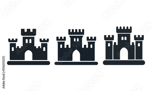 Medieval Castle Silhouette Icons - Set of 3 Solid Designs,  Isolated vector illustration
