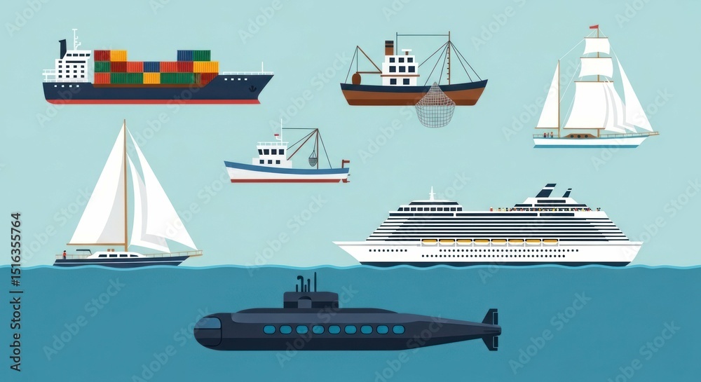 Fototapeta premium Various types of vessels, boats and ships floating on the sea