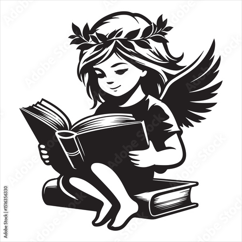 Minimalist Silhouette of Child Sitting on Book , black color  vector 