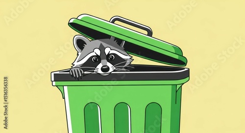 Raccoon in trash can cartoon vector illustration on yellow
