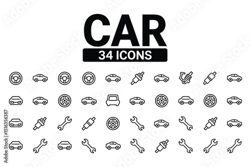 Thirty four black and white car repair icons set