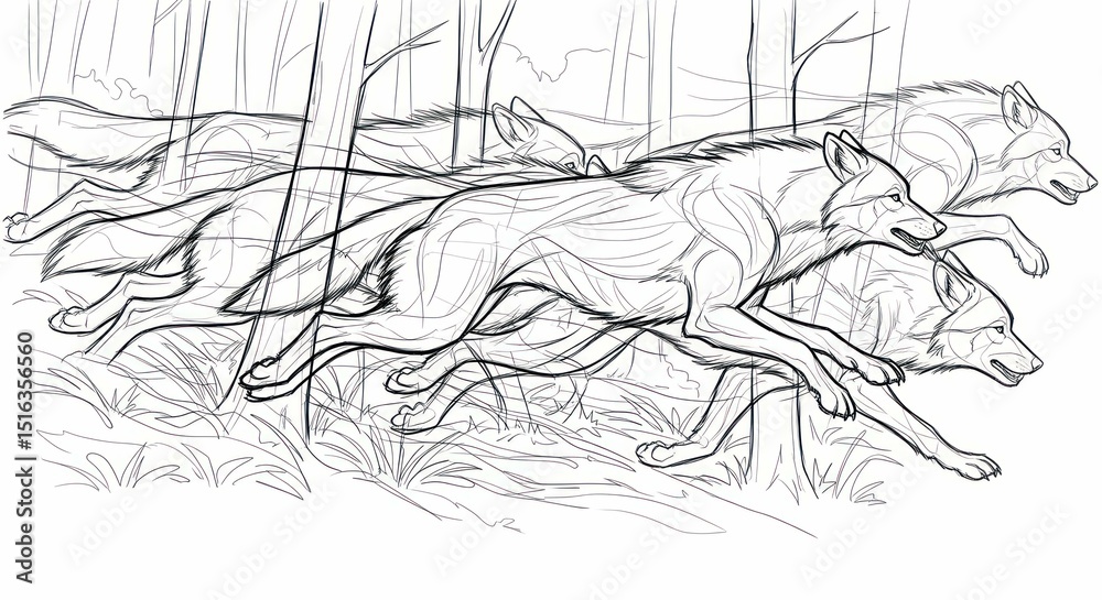 Obraz premium Wolves running through a forest, line drawing illustration
