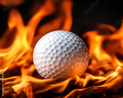 A white golf ball positioned amidst a background of flames