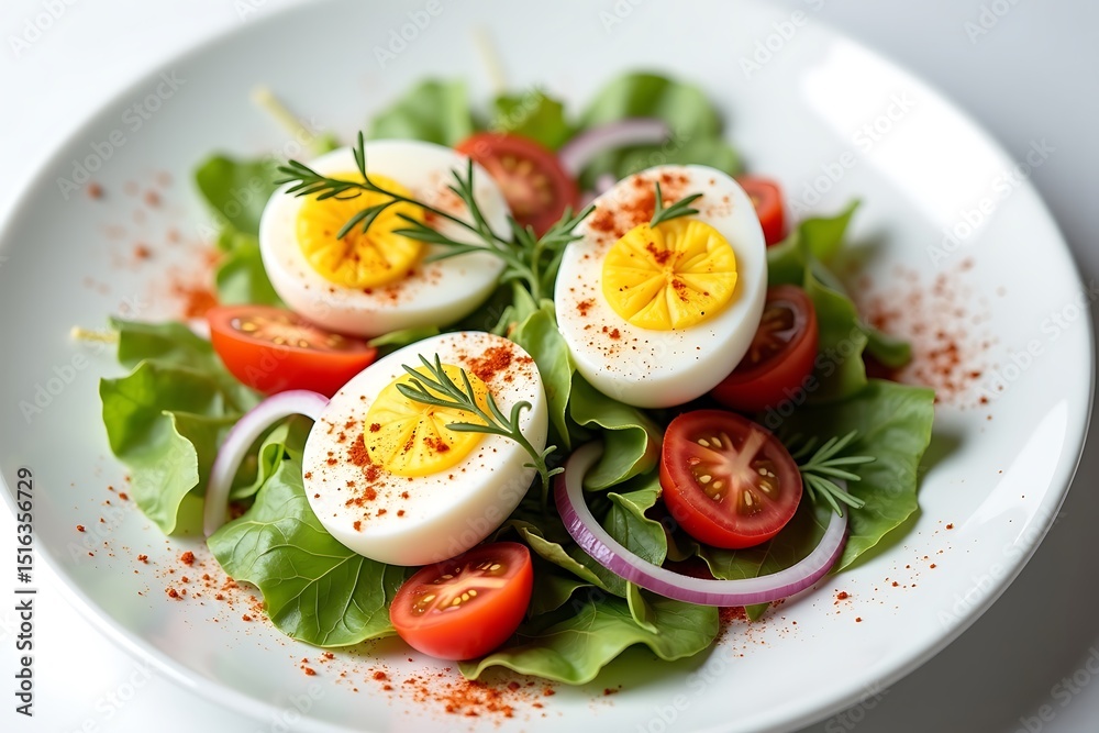 Healthy fresh vegetable salad with boiled eggs, cherry tomatoes, and spinach leaves served in a white bowl on table, nutritious diet food
Healthy fresh vegetable salad with boiled eggs, cherry tomatoes, and spinach leaves served in a white bowl on table, nutritious diet food