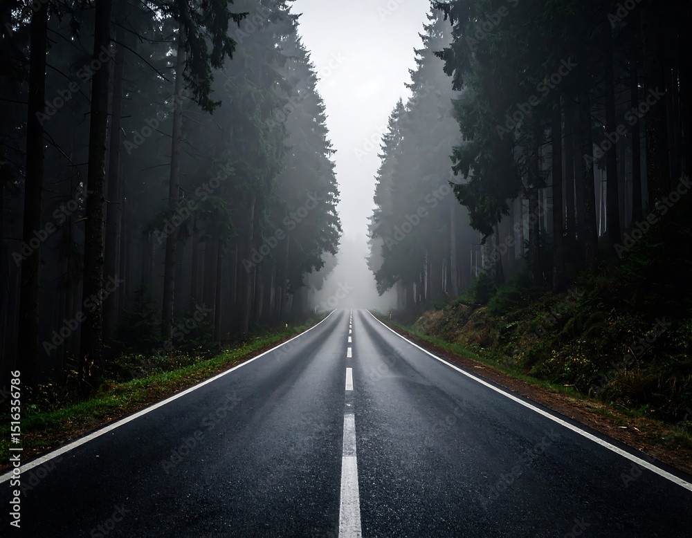 Obraz premium Foggy road through a dark forest