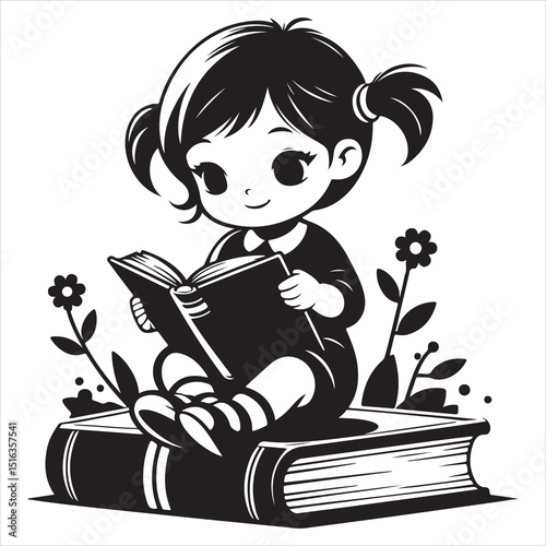 Minimalist Silhouette of Child Sitting on Book , black color  vector 