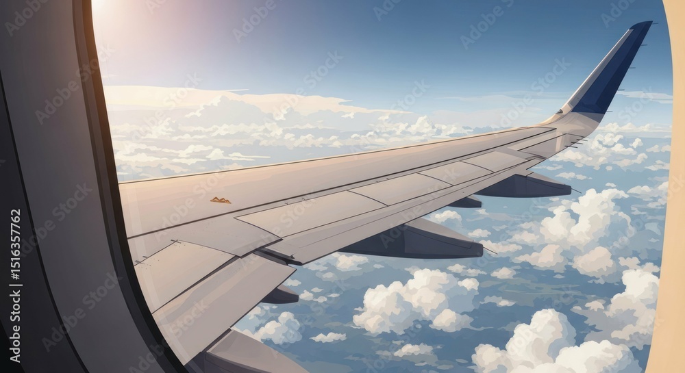 Obraz premium Airplane wing above clouds, seen through window during the flight