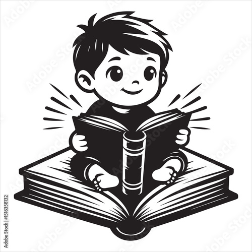Minimalist Silhouette of Child Sitting on Book , black color  vector 