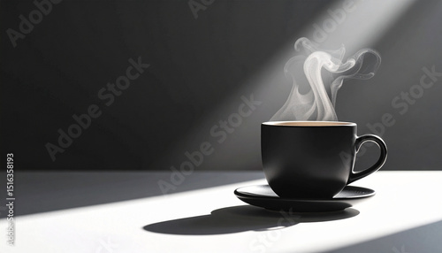 Hot coffee mug with steam and aroma on a dark black background