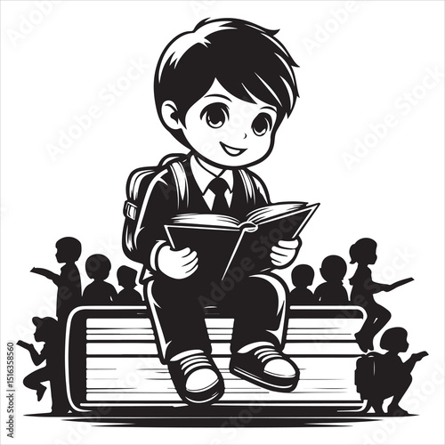 Minimalist Silhouette of Child Sitting on Book , black color  vector 
