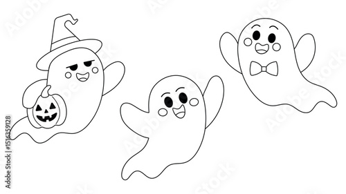 Vector Halloween ghost set. Cute outline ghosts with festive accessories. Great for coloring pages, kids decor, party prints and spooky stickers.