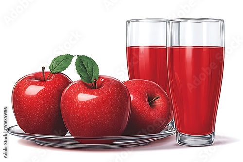 Juicy Red Apples And Glasses Of Refreshing Fruit Juice