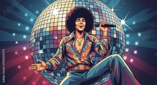 Singer with afro performing with disco ball and retro style clothing
