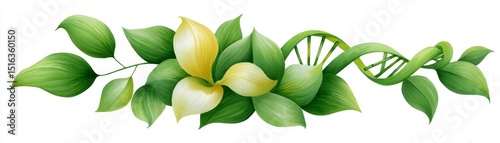 Watercolor illustration of interwoven dna strands and greenery nature digital art vibrant close-up scientific concept
